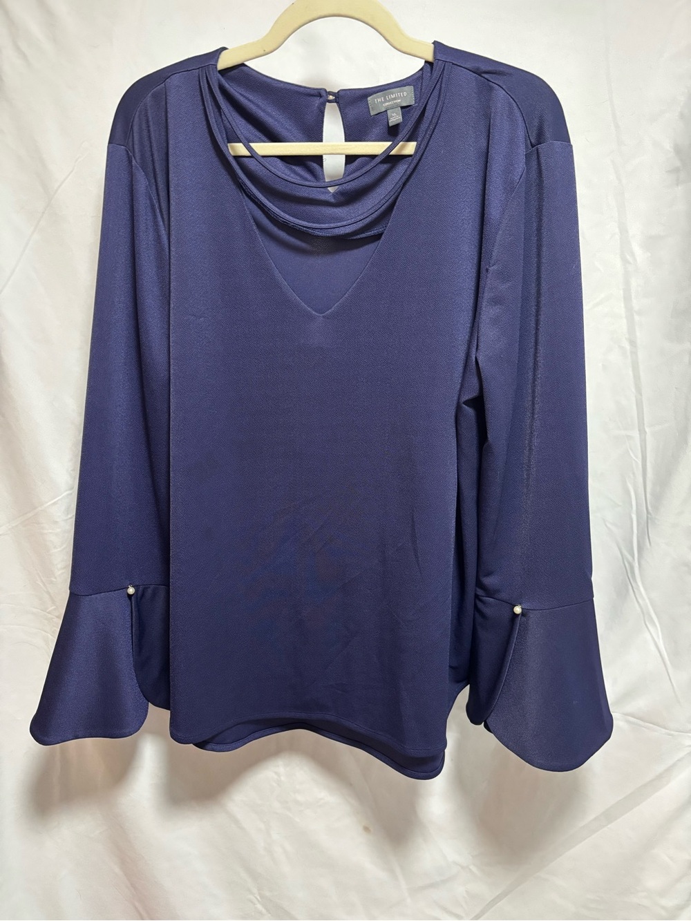 The Limited Navy Draped Neck Bell Sleeve Blouse